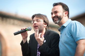 &nbsp;10/05/2014 Bologna, Per la campagna elettorale del Movimento 5 stelle Grillo incontra i propri sostenitori in Piazza San Francesco, nella foto Matteo Dall'Osso e Massimo Bugani