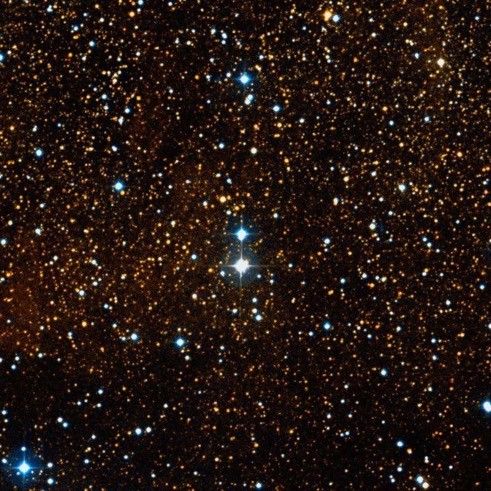 La stella pi&ugrave; luminosa al centro &egrave; la componente visibile del sistema binario Cyg X&ndash;1, corrispondente alla stella HDE 226868.