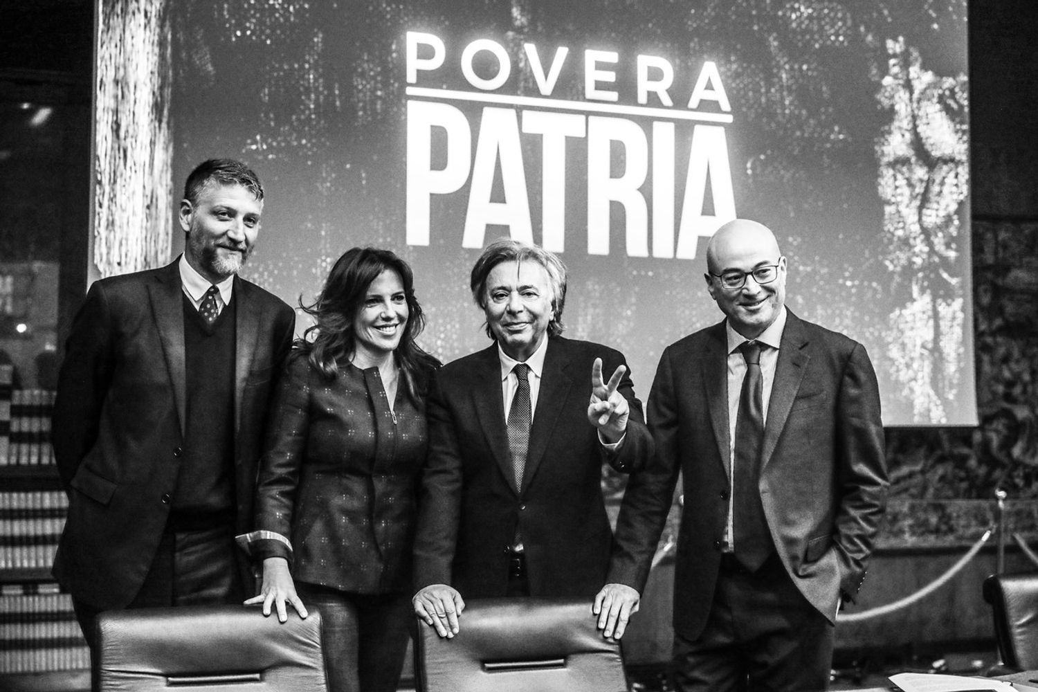 &nbsp;Roma, Rai 2, presentazione della trasmissione televisiva Povera Patria, nella foto Carlo Freccero con Annalisa Bruchi la conduttrice, Aldo Cazzullo e Alessandro Giuli