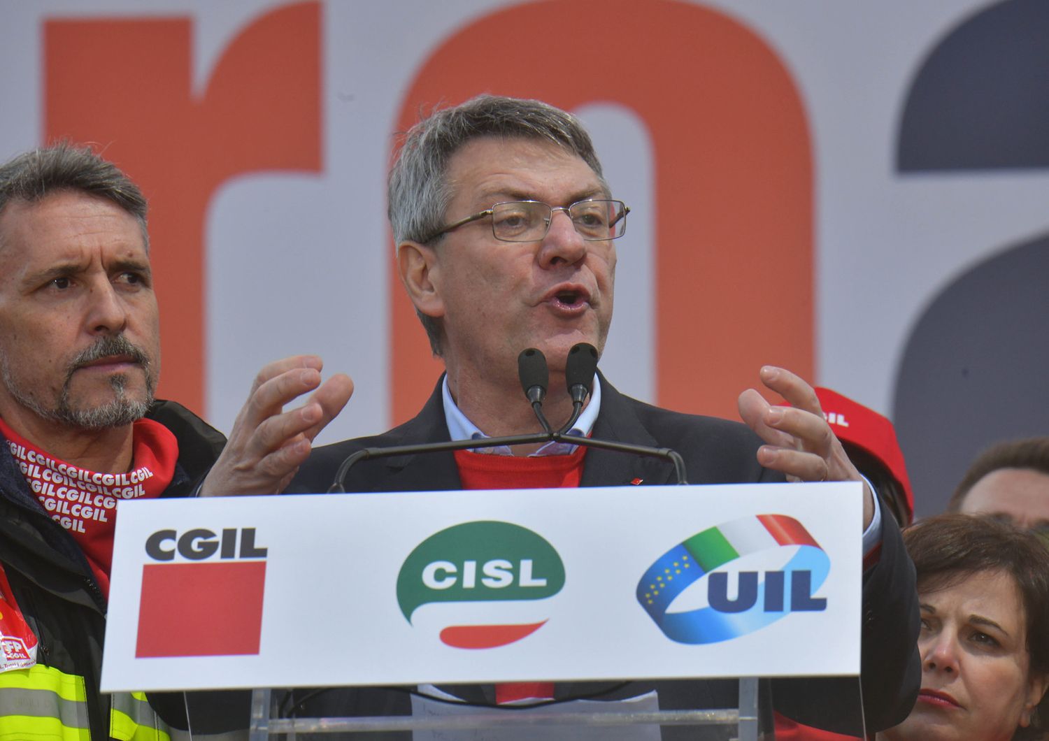 Cgil Cisl Uil. Nella foto Maurizio Landini