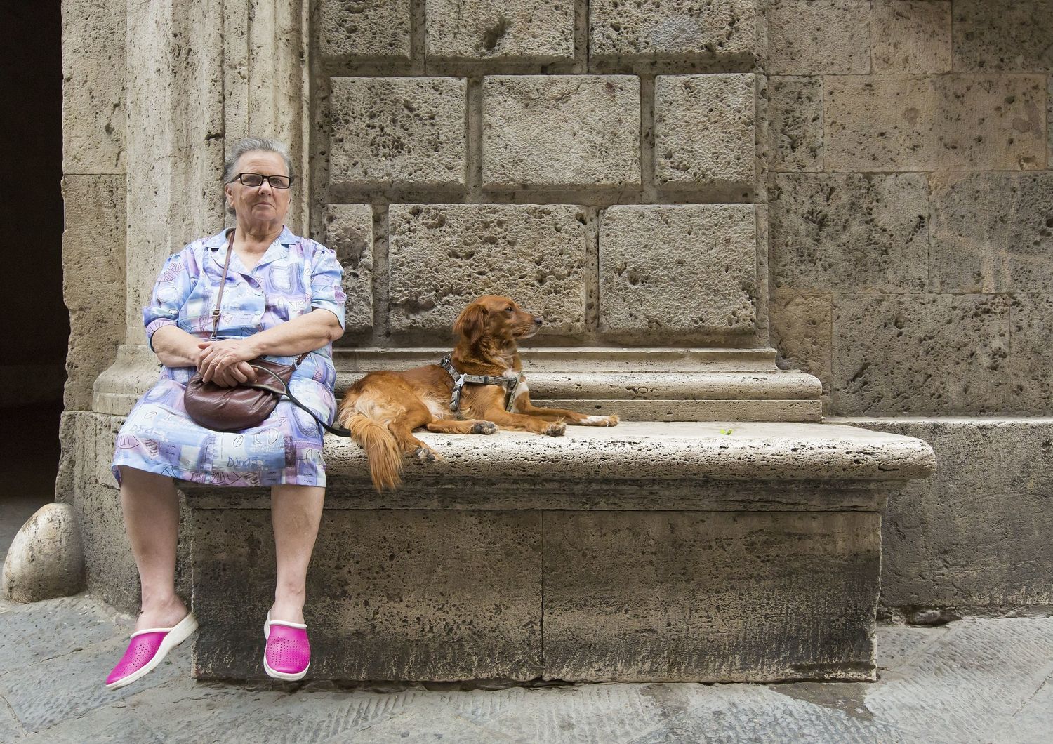Una donna seduta con il suo cane nel centro storico di Siena