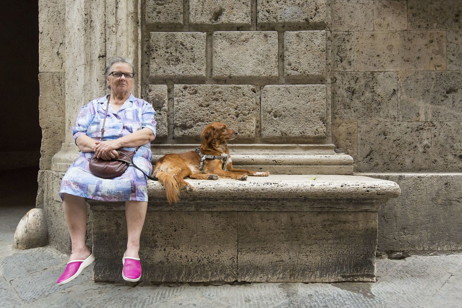 Una donna seduta con il suo cane nel centro storico di Siena