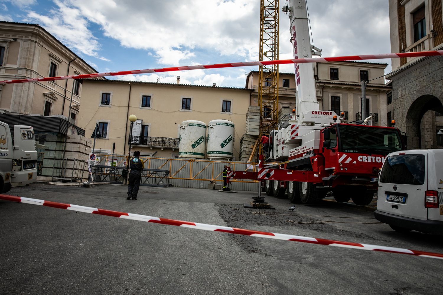 Lavori di ricostruzione a L'Aquila, aprile 2019