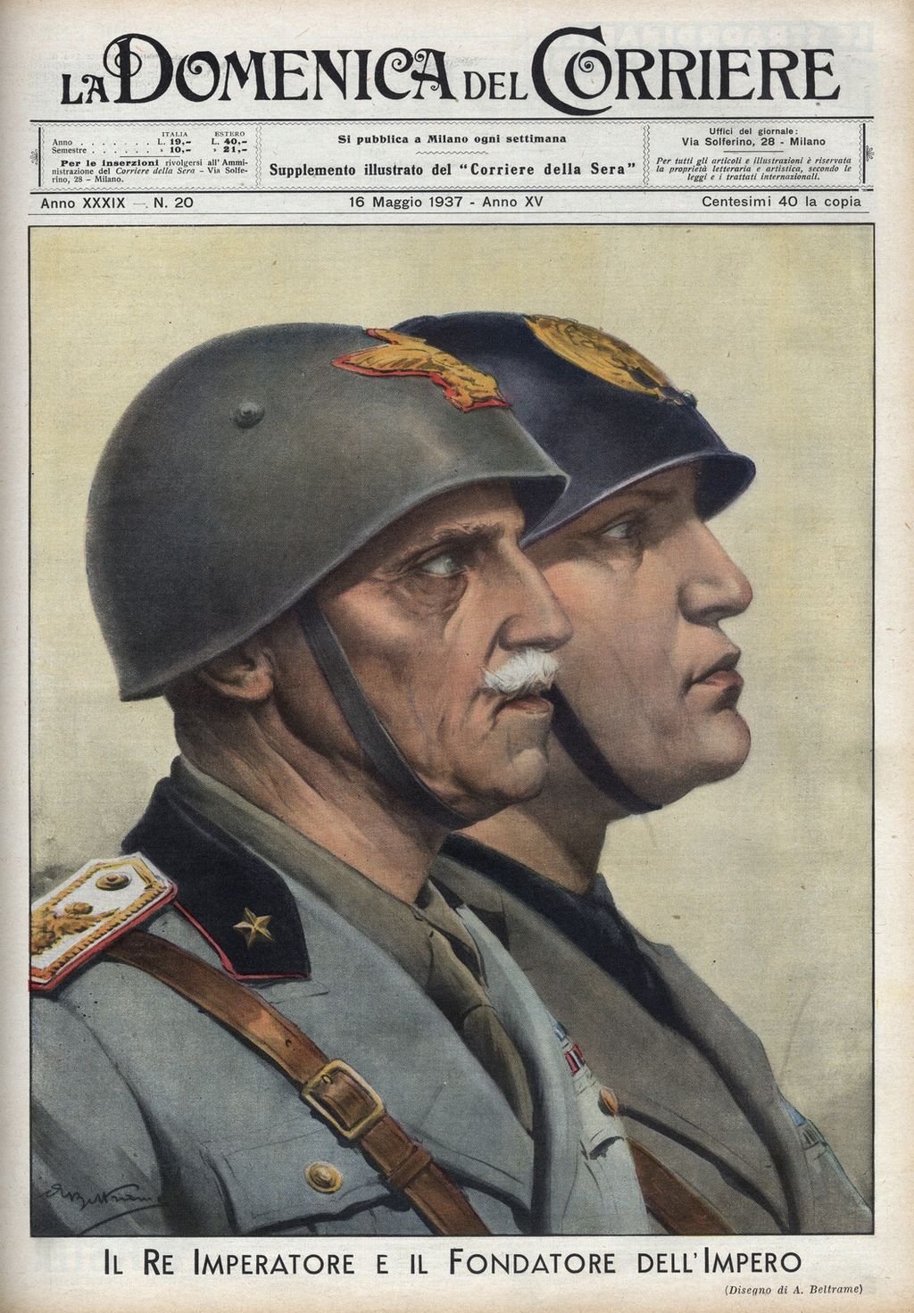 Mussolini, Vittorio Emanuele III in una copertina di Beltrame per la Domenica del Corriere (Leemage/AFP)