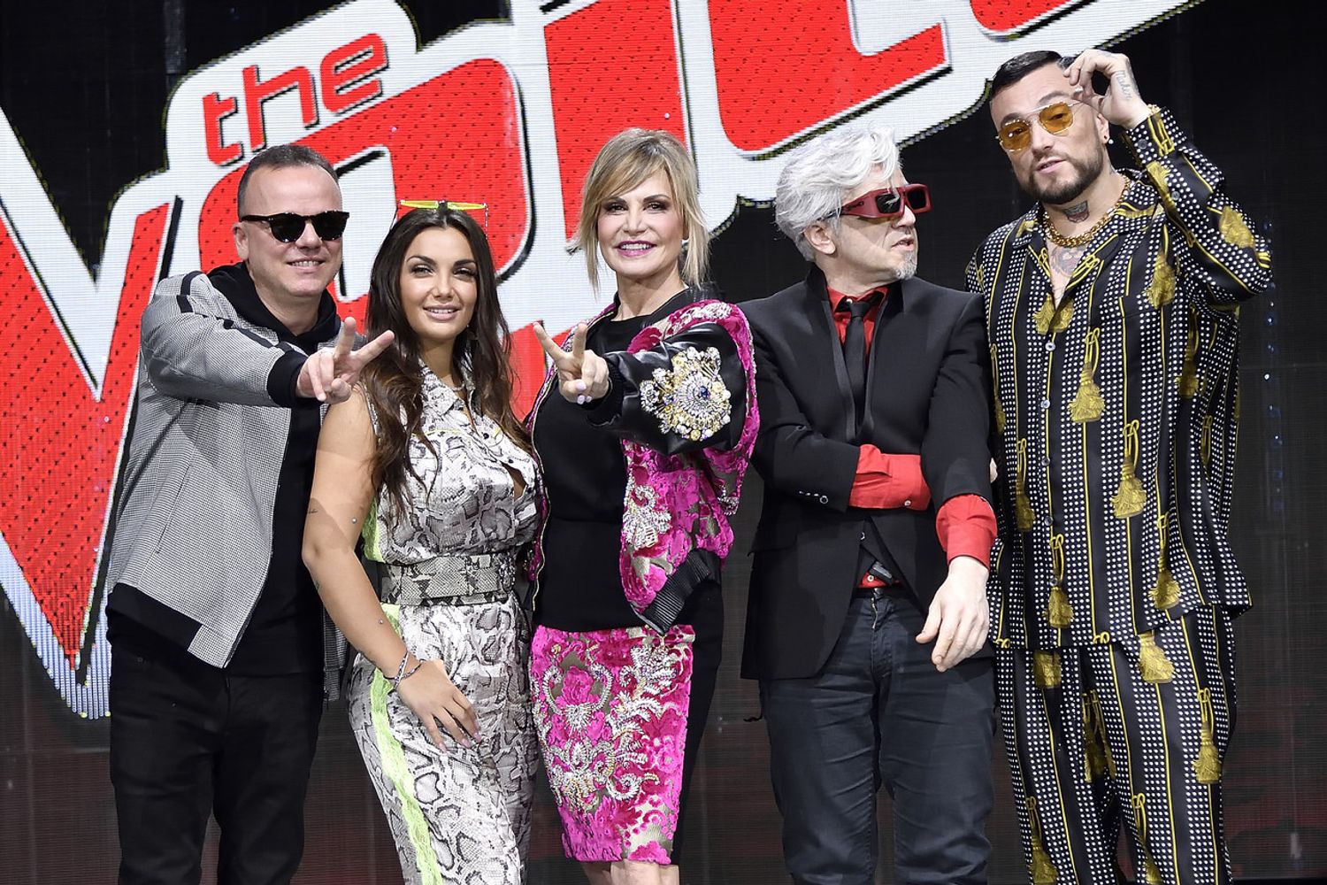 Milano, photocell del talent musicale televisivo The Voice of Italy. Nella foto, da sinistra, Gigi D'Alessio, Elettra Lamborghini, Simona Ventura, Morgan e Gue' Pequeno&nbsp;