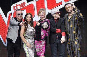 Milano, photocell del talent musicale televisivo The Voice of Italy. Nella foto, da sinistra, Gigi D'Alessio, Elettra Lamborghini, Simona Ventura, Morgan e Gue' Pequeno&nbsp;