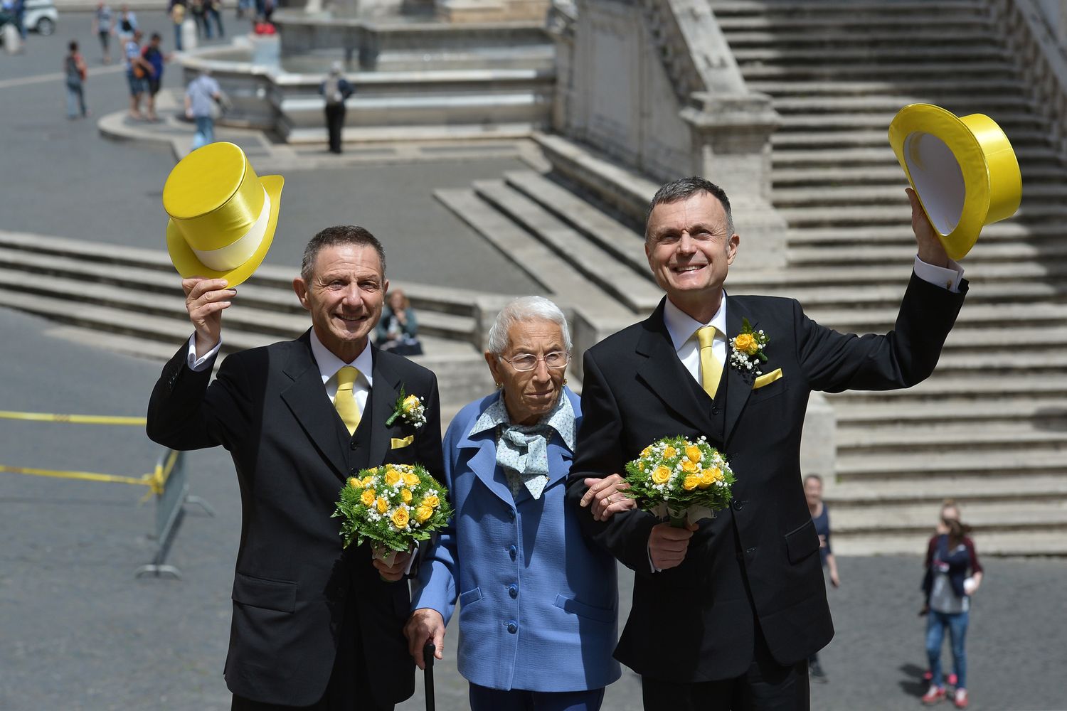 Angelo Albanesi e Giorgio de Simoni nel giorno della loro unione civile, il 21 maggio 2015&nbsp;