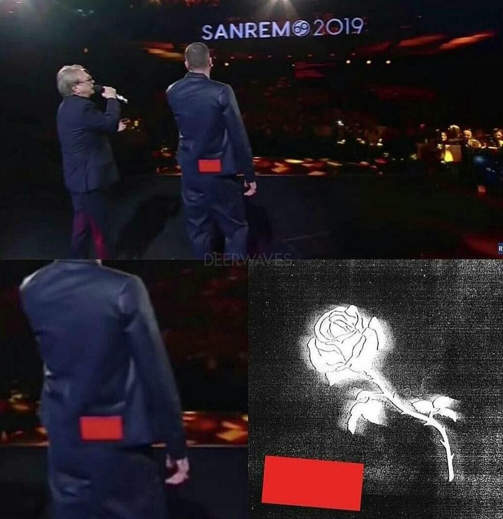 &nbsp;Una immagine di Livio Cori al Festival di San Remo con il nastro rosso di Liberato