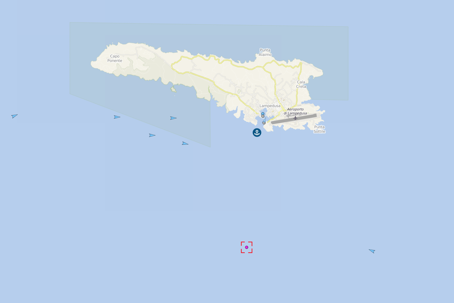 La Sea Watch 3 tracciata da Vassel finder, nella mappa &egrave; il puntino viola a sud di Lampedusa
