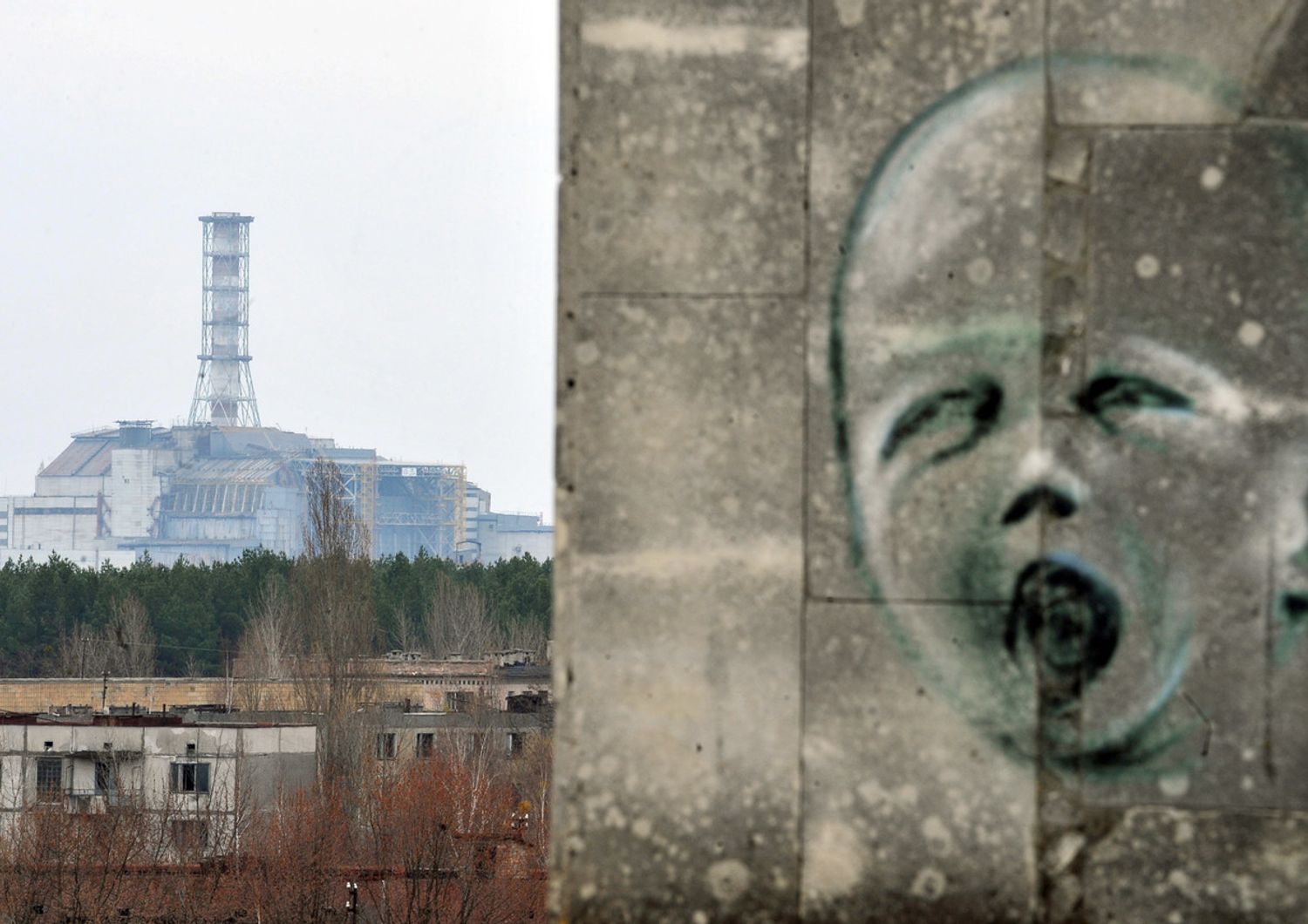 Un murales a Chernobyl, sullo sfondo &quot;Il Sarcofago&quot;