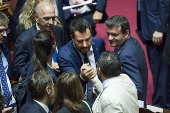 Matteo Salvini e i senatori della Lega