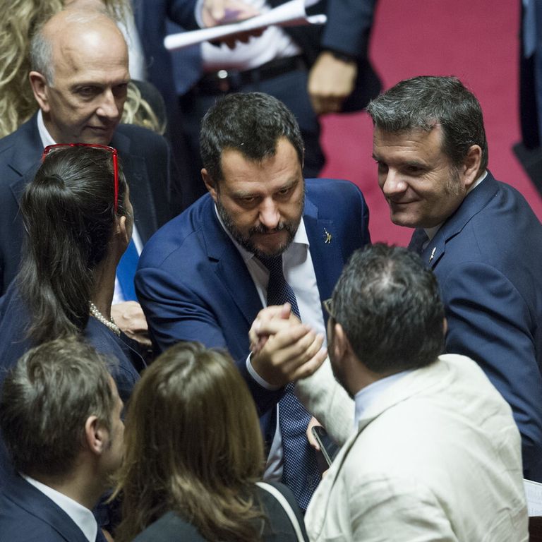 Voto sulle mozioni TAV in Senato. Nella foto Matteo Salvini riceve il saluto dei senatori della Lega al termine della votazione