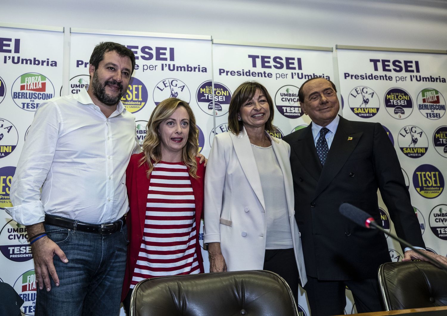 Matteo Salvini, Giorgia Meloni, Donatella Tesei e Silvio Berlusconi