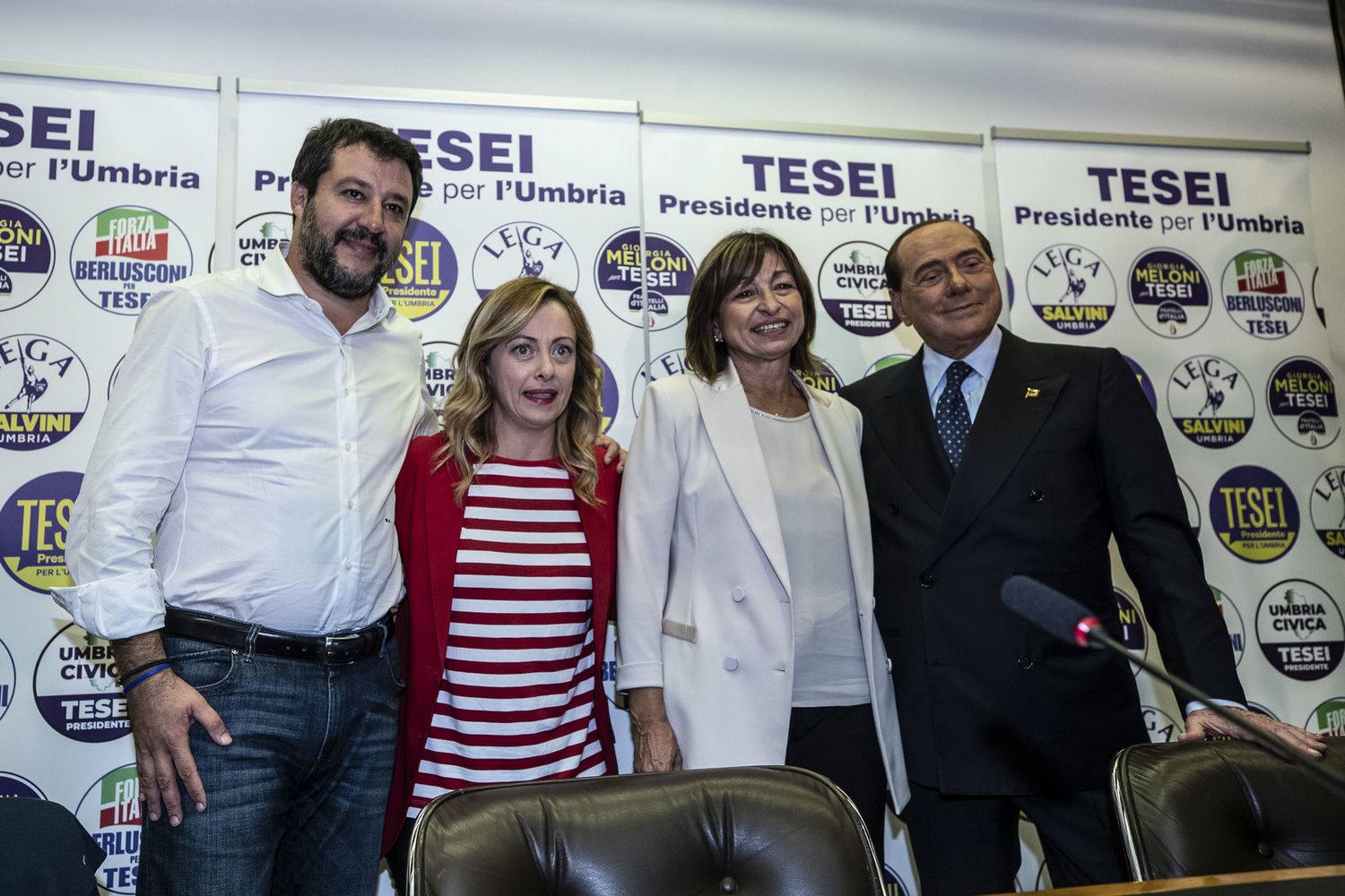 Matteo Salvini, Giorgia Meloni, Donatella Tesei e Silvio Berlusconi