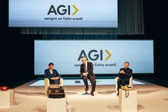 Salvatore Ippolito, Mario Sechi e Alessandro Vento all'evento durante il quale &egrave; stato presentato il nuovo logo AGI