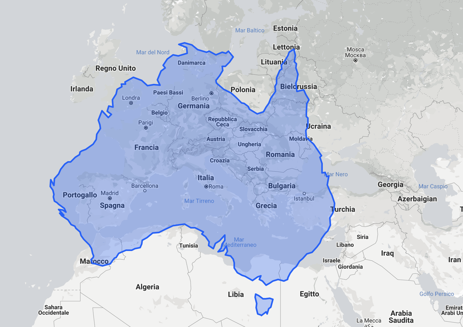 La superficie dell'Australia, in blu, paragonata a quella dell'Europa, in grigio