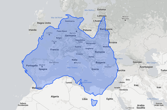 La superficie dell'Australia, in blu, paragonata a quella dell'Europa, in grigio