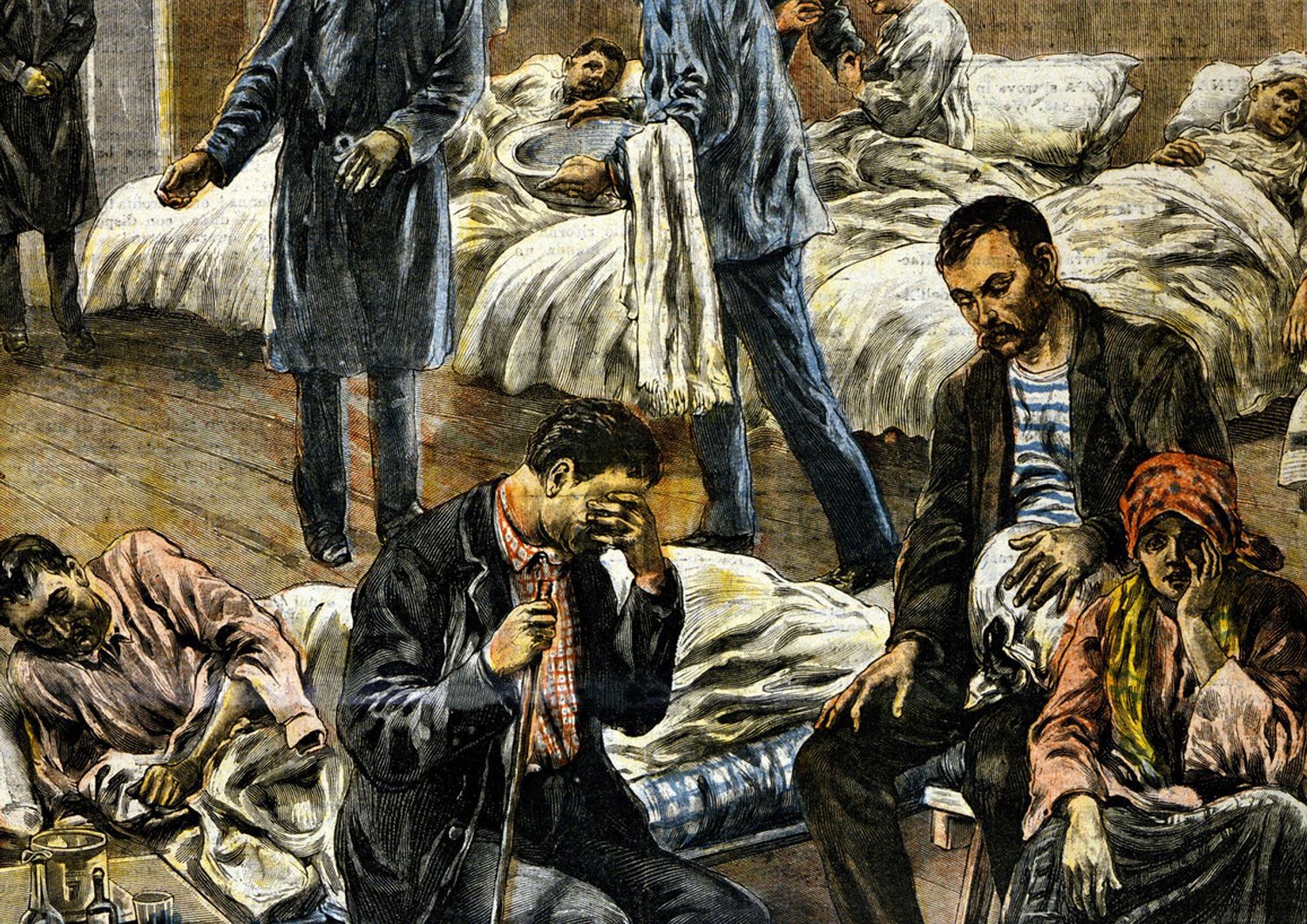 Un'illustrazione dell'epoca della pandemia di Spagnola ritrae il caos in un ospedale italiano
