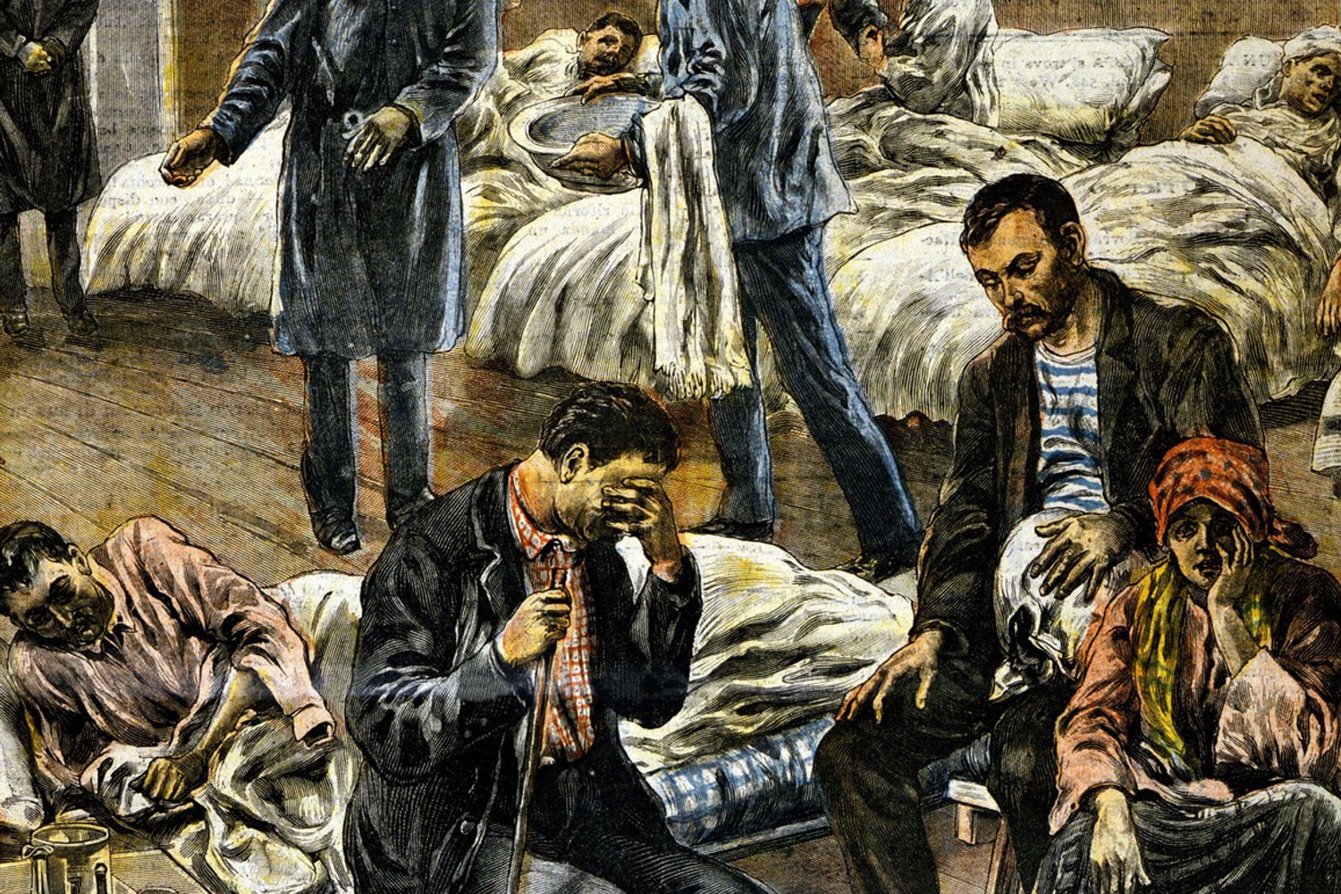 Un'illustrazione dell'epoca della pandemia di Spagnola ritrae il caos in un ospedale italiano
