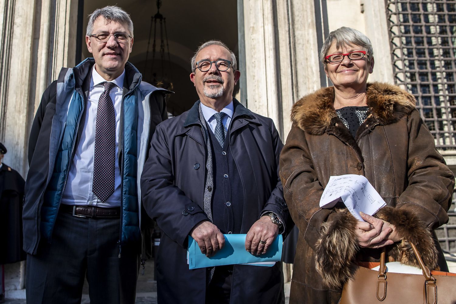 Maurizio Landini, Annamaria Furlan e Carmelo Barbagallo davanti a Palazzo Chigi