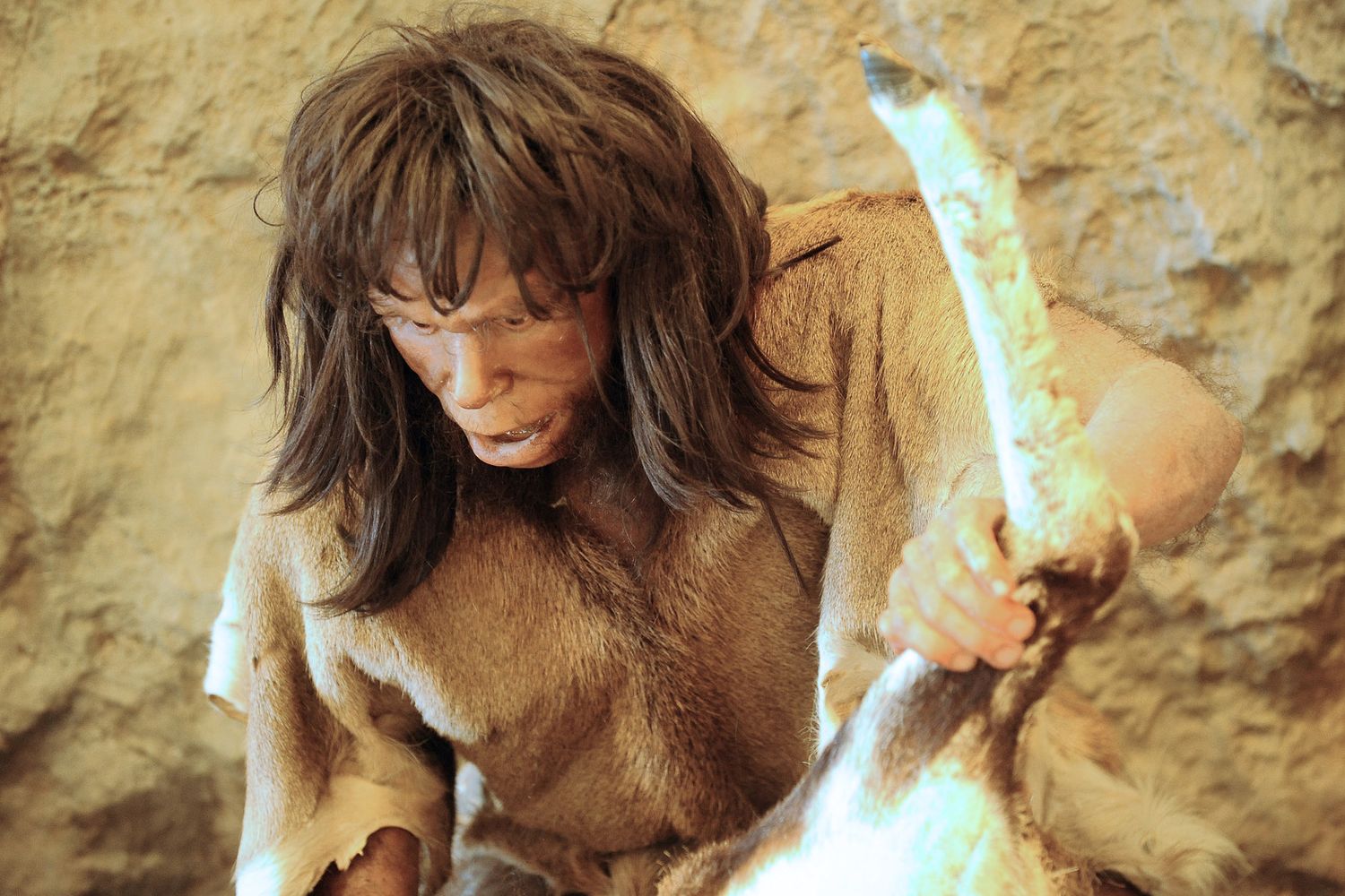 Ricostruzione di una scena di caccia del neolitico nel museo della preistoria di Tautavel, in Francia