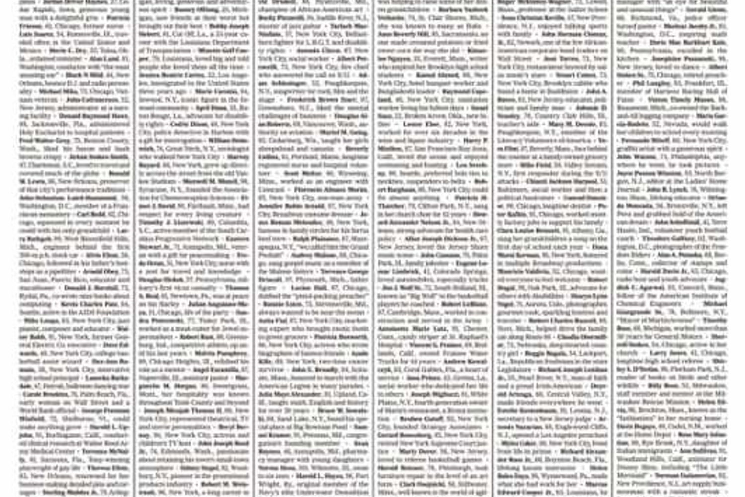 La prima pagina del New York Times con i nomi di mille vittime del coronavirus