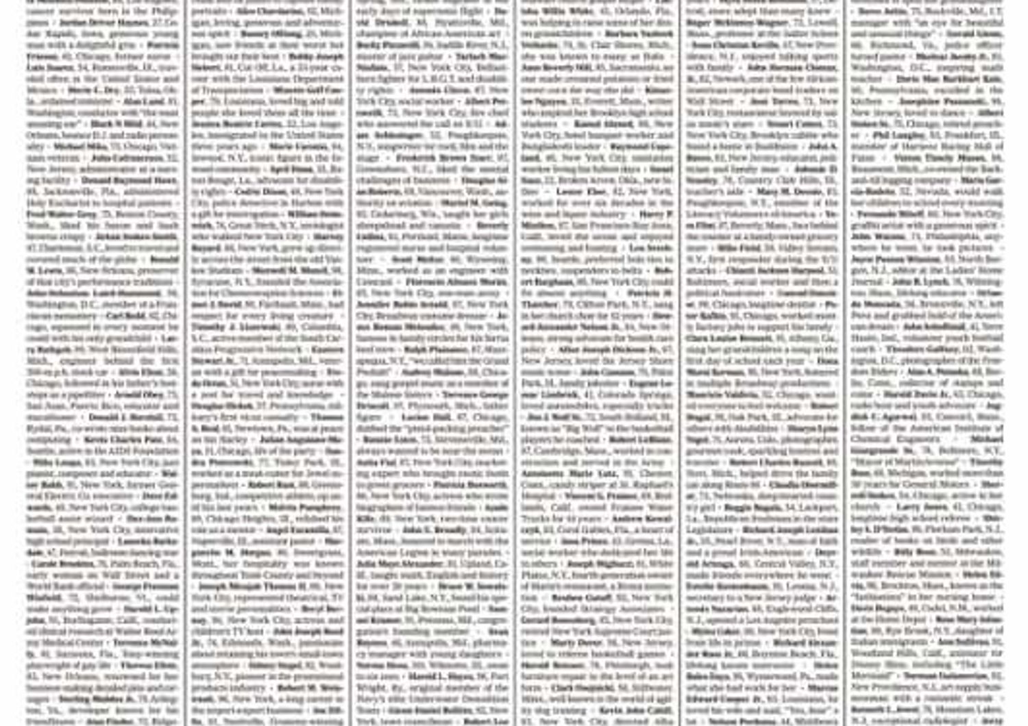 La prima pagina del New York Times con i nomi di mille vittime del coronavirus