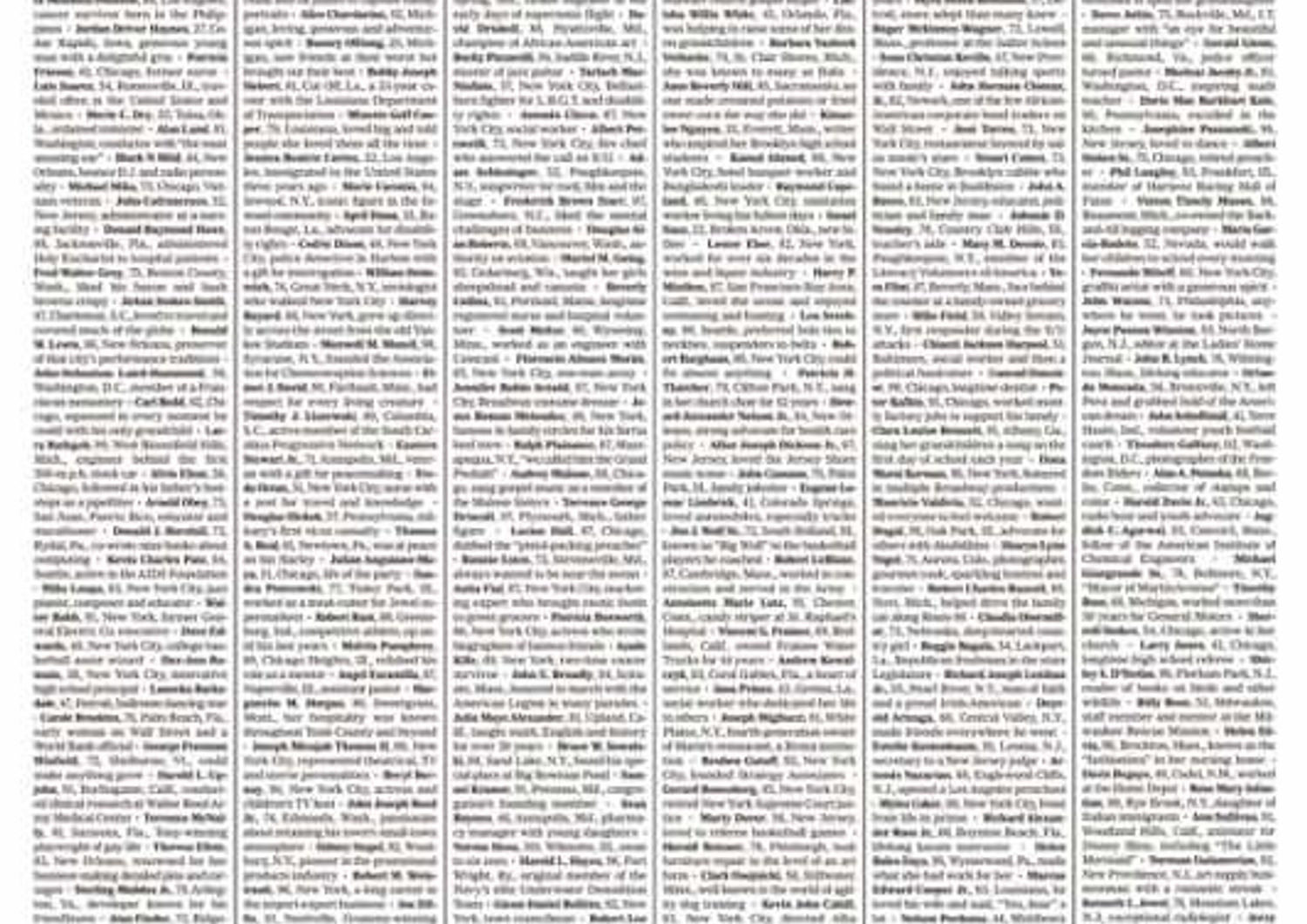 La prima pagina del New York Times con i nomi di mille vittime del coronavirus