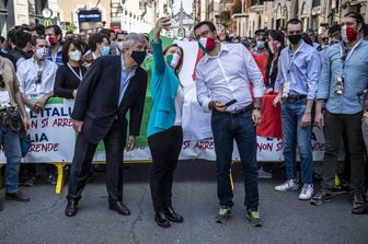 Manifestazione unitaria del centrodestra nella foto Antonio Tajani, Giorgia Meloni e Matteo Salvini