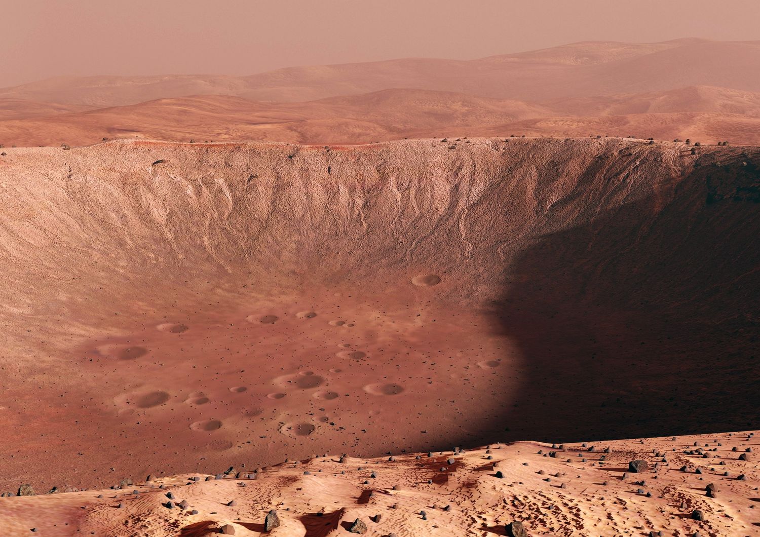Un cratere di Marte in un'illustrazione di realt&agrave; virtuale