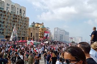 Un momento della manifestazione di oggi pomeriggio a Beirut