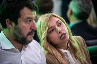 Festa della Zucca della Lega Emilia al Ginger di Ziano; Matteo Salvini con alla sua sinistra Elena Murelli