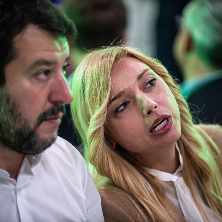 Festa della Zucca della Lega Emilia al Ginger di Ziano; Matteo Salvini con alla sua sinistra Elena Murelli