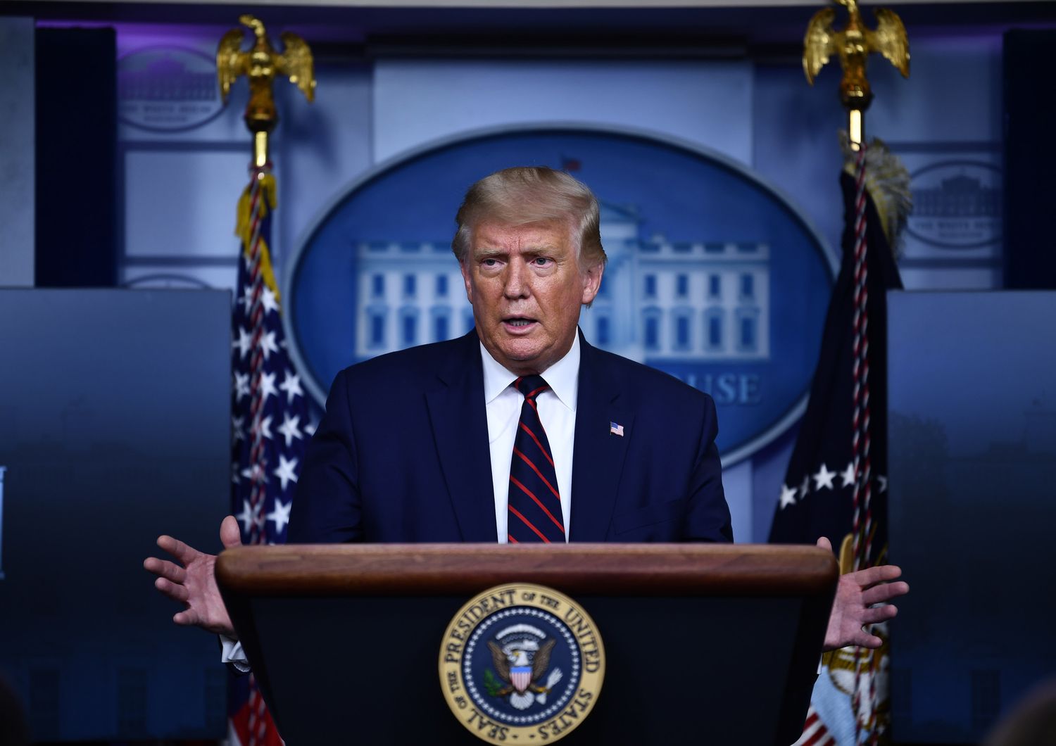 Il presidente americano Donald Trump durante una conferenza stampa alla Casa Bianca