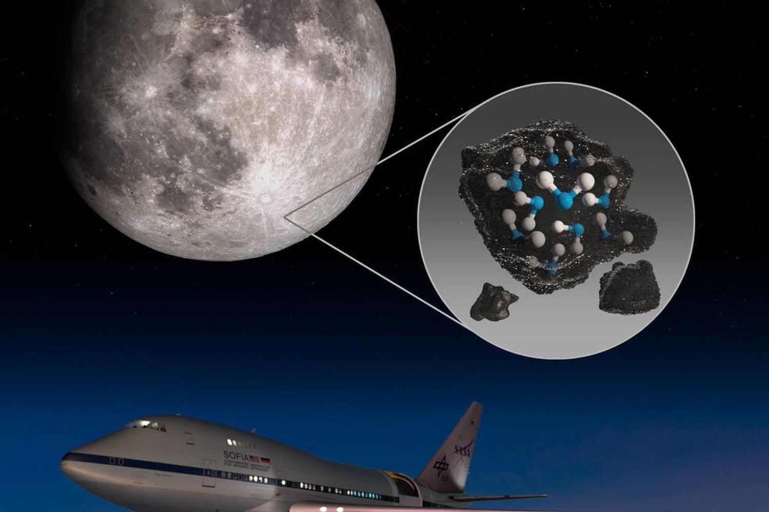 Clavius Crater della Luna: l'illustrazione raffigura l'acqua intrappolata nel suolo lunare, sotto, l'Osservatorio Stratosferico per l'Astronomia Infrarossa (SOFIA) della NASA&nbsp;