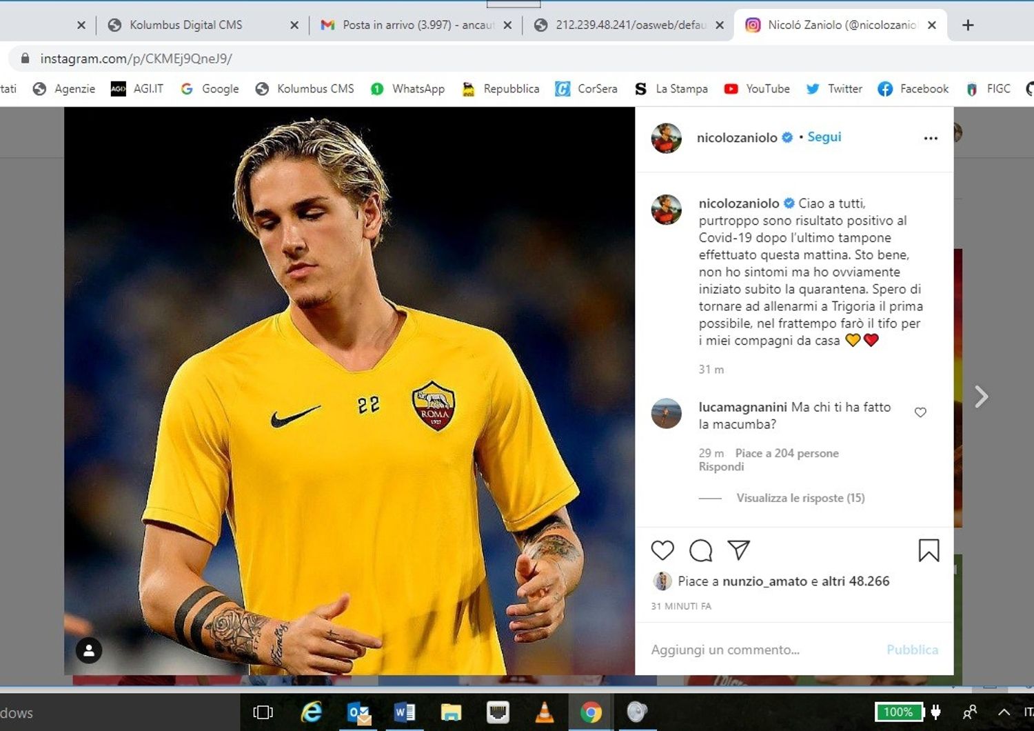 Nicol&ograve; Zaniolo annuncia su Instagram la sua positivit&agrave; al Covid