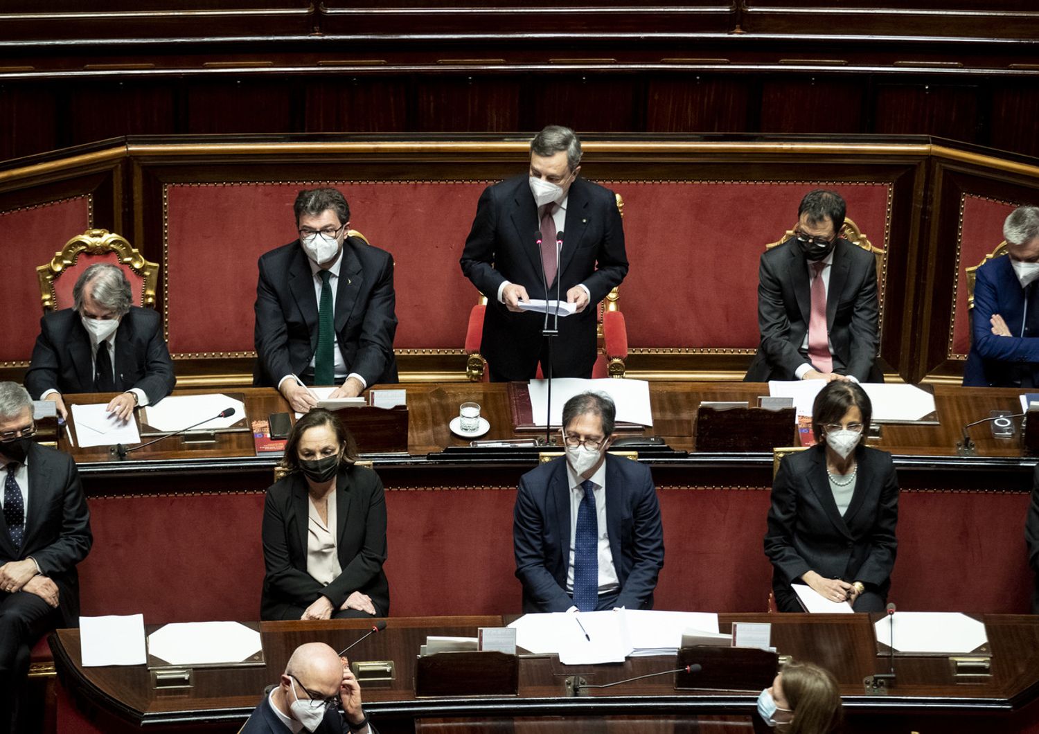 Mario Draghi al Senato con Renato Brunetta, Giancarlo Giorgetti, Stefano Patuanelli, Luciana Lamorgese, Roberto Garofoli Sottosegretario alla Presidenza, Marta Cartabia&nbsp;