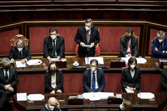 Mario Draghi al Senato con Renato Brunetta, Giancarlo Giorgetti, Stefano Patuanelli, Luciana Lamorgese, Roberto Garofoli Sottosegretario alla Presidenza, Marta Cartabia&nbsp;