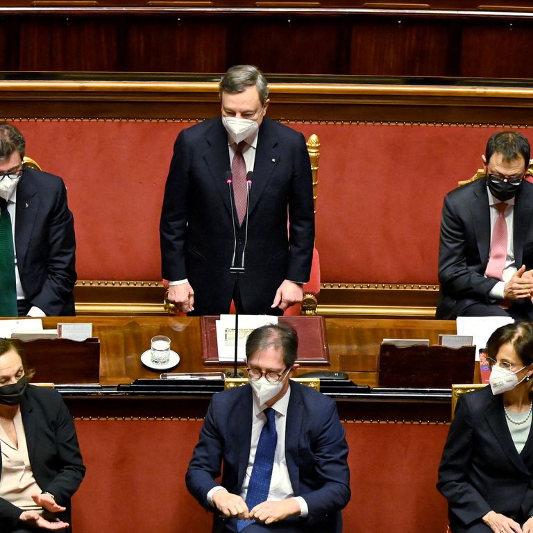 Mario Draghi durante l'intervento in Senato