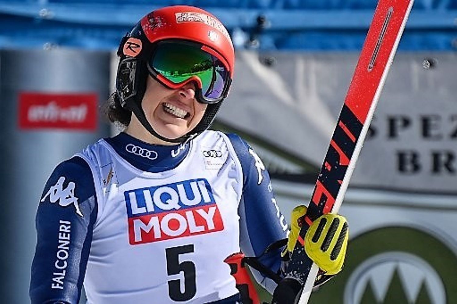 Federica Brignone al traguardo del superg del Passo San Pellegrino&nbsp;