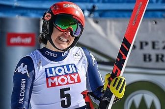Federica Brignone al traguardo del superg del Passo San Pellegrino&nbsp;