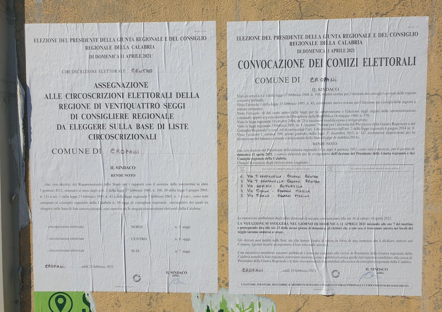 &nbsp;Manifesti per la convocazione dei comizi elettorali in Calabria