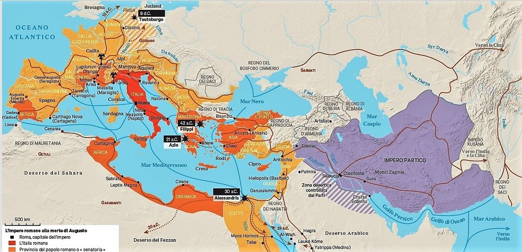 Mappa: Impero Romano alla morte di Augusto nel 14.d.C.