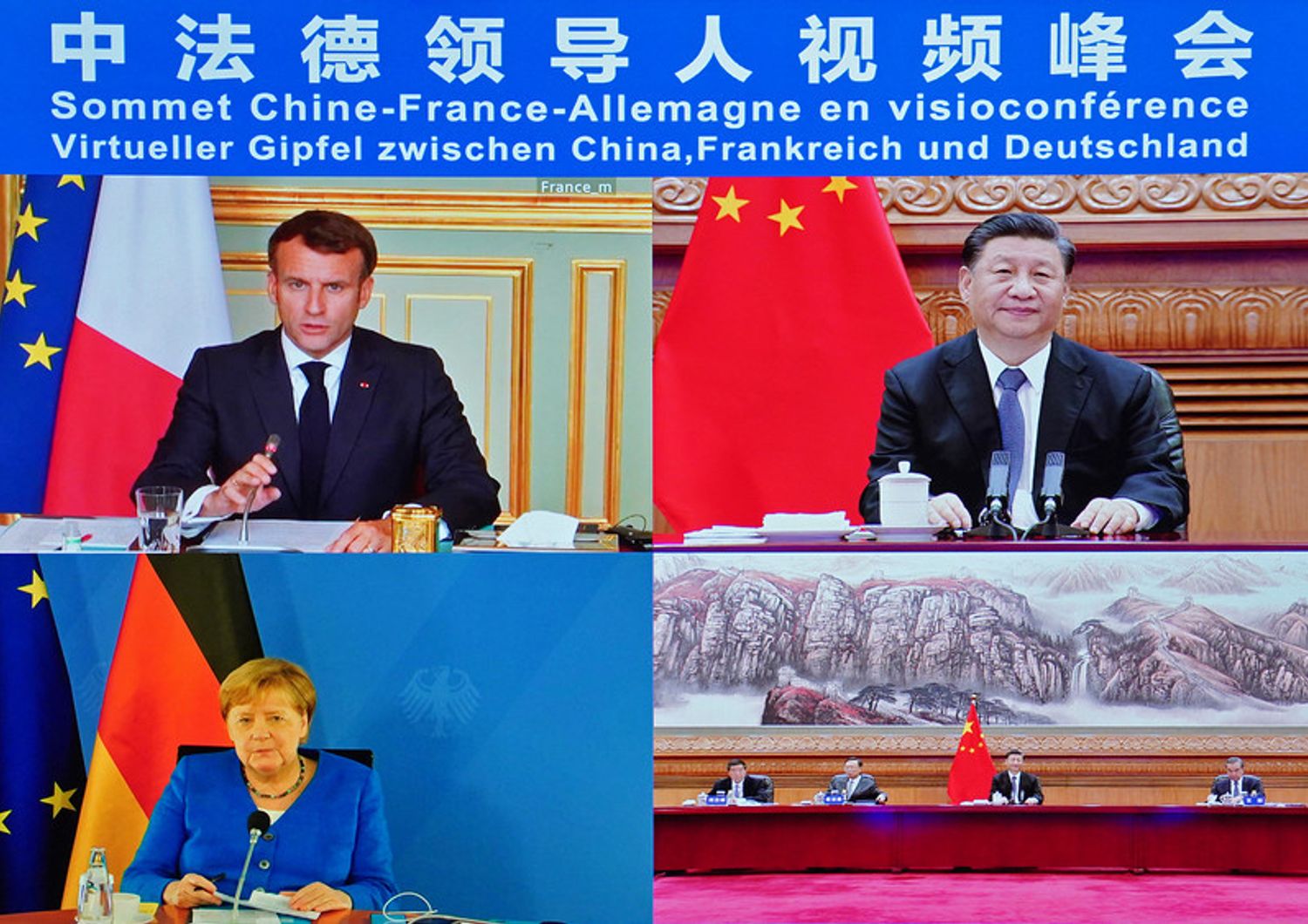 Video conferenza tra il presidenti francese, Macron, la cancelliera tedesca, Merkel, e il leader cinese, Xi