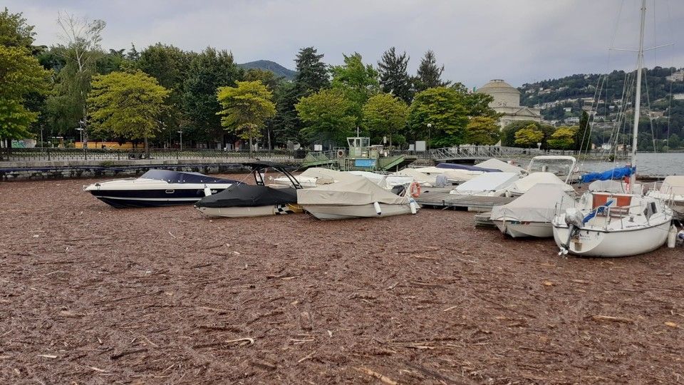 I detriti portati dall'alluvione che hanno invaso il lago di Como