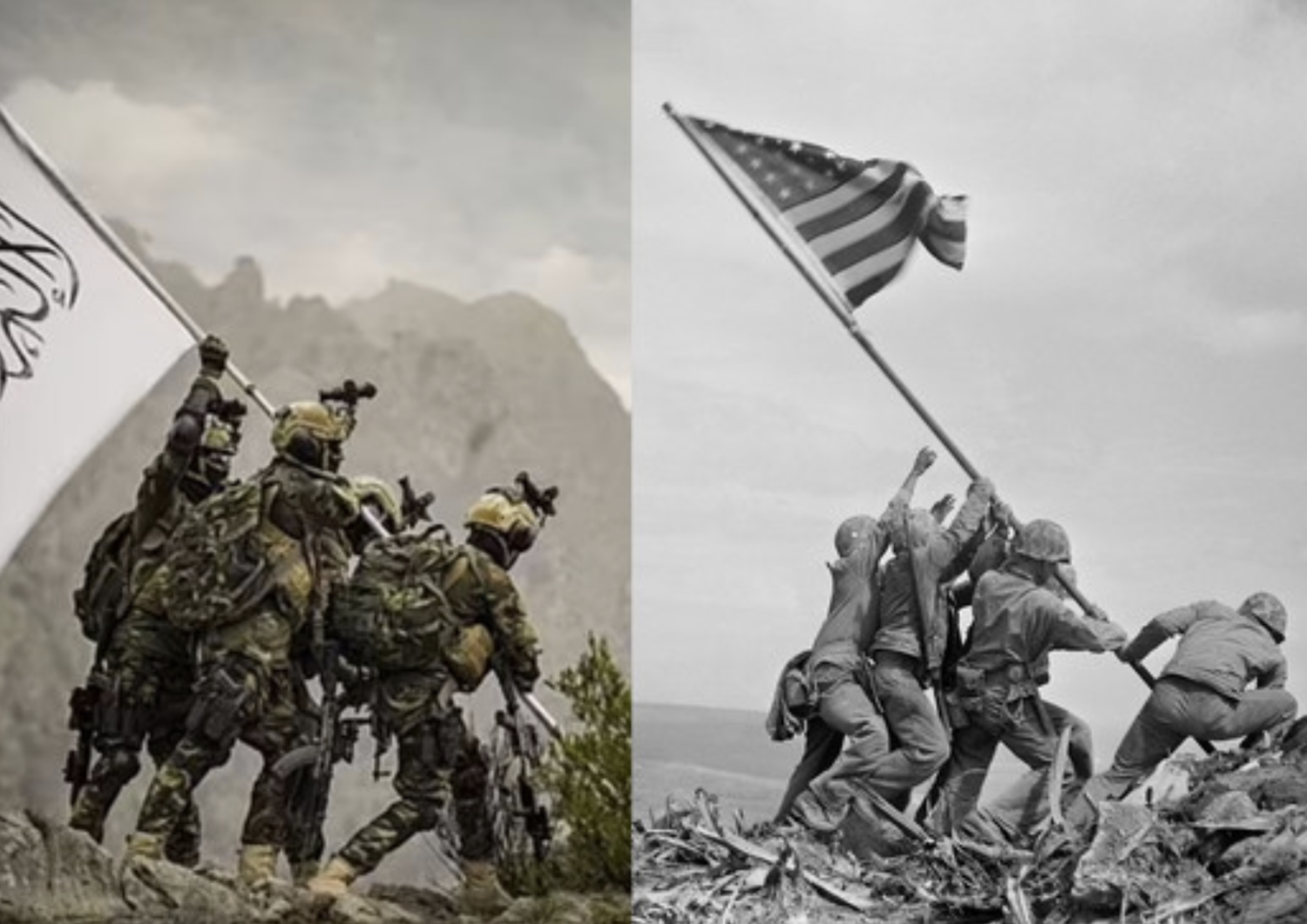 Il frame preso dal video di propaganda dei talebani e lo storico scatto sull'isola di Iwo Jima&nbsp;