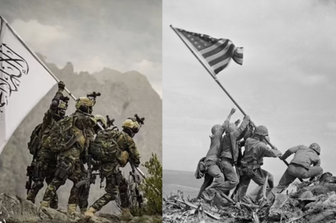 Il frame preso dal video di propaganda dei talebani e lo storico scatto sull'isola di Iwo Jima&nbsp;