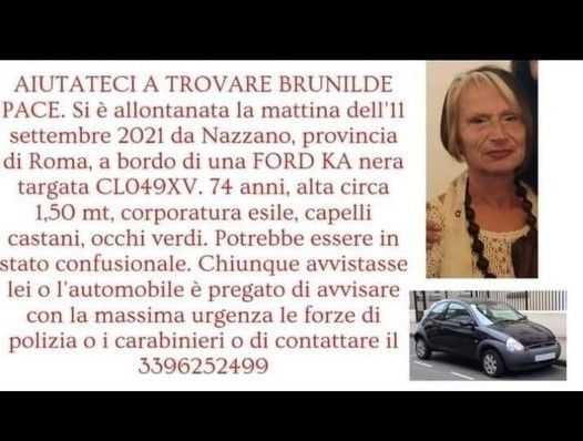 Il volantino diffuso online per rintracciare la maestra Brunilde Pace