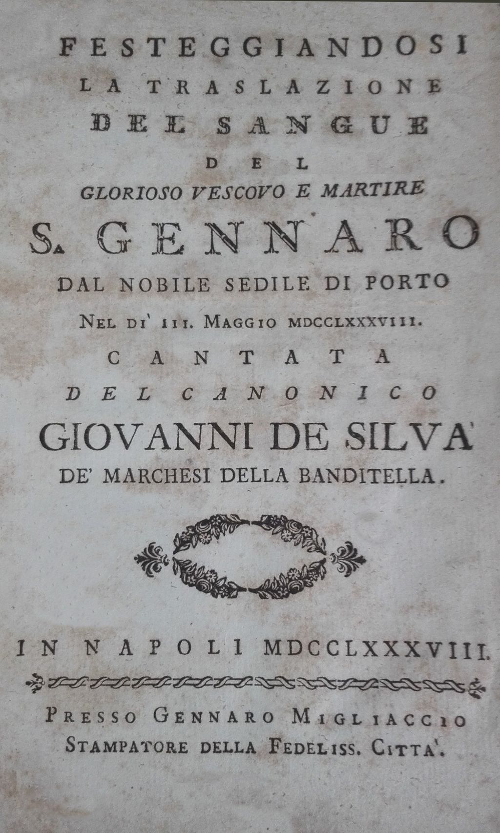 &nbsp;Frontespizio del libretto della cantata per San Gennaro