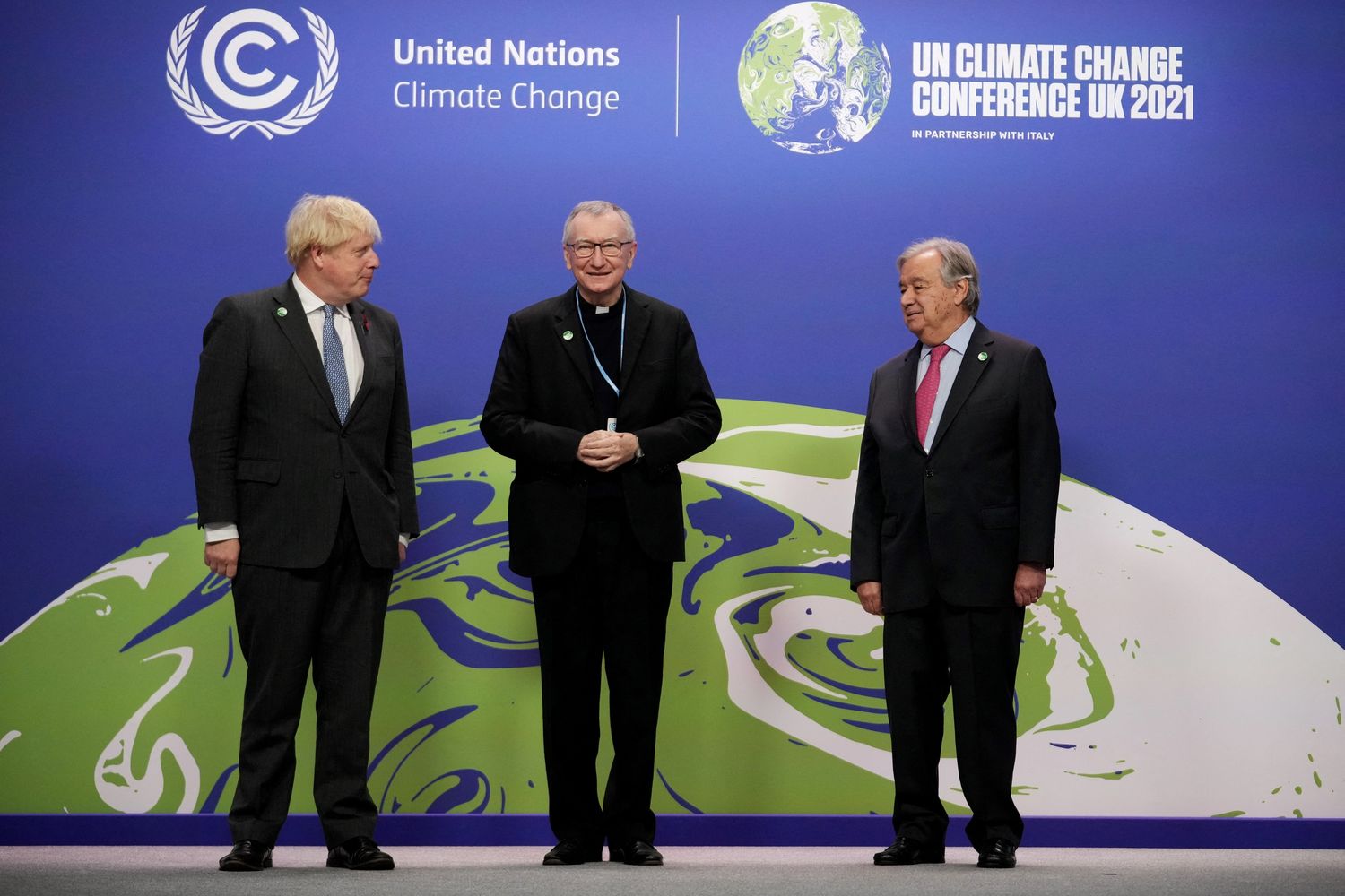 Boris Johnson, monsignor Pietro Parolin e Antonio Guterres